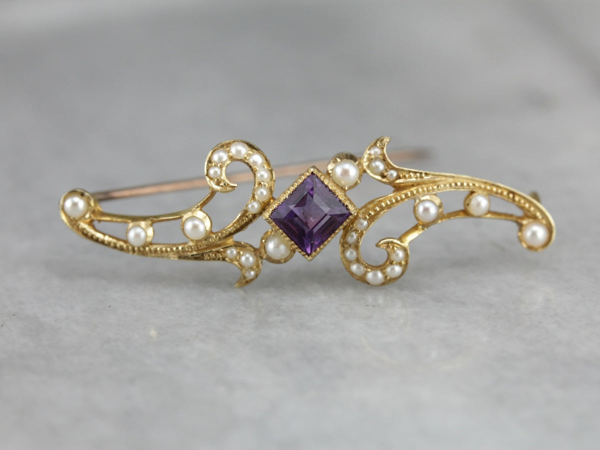 Art Nouveau Amethyst Seed Pearl Brooch