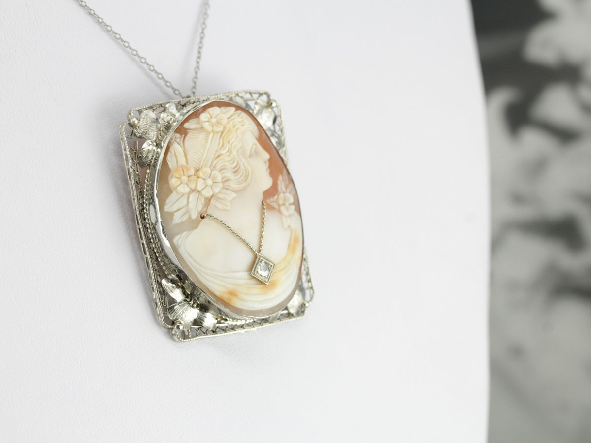 Vintage Floral Filigree Cameo Brooch Pendant
