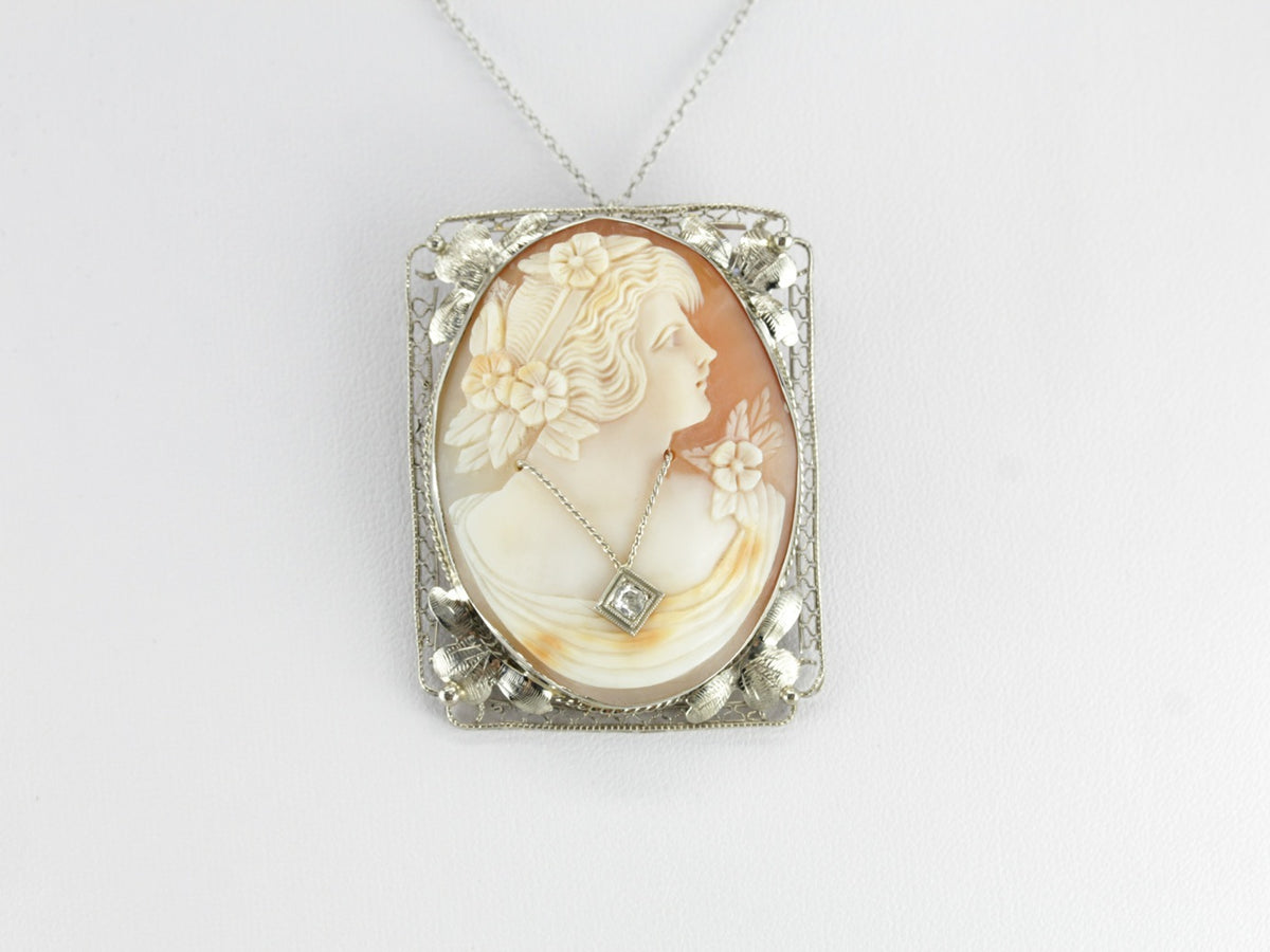 Vintage Floral Filigree Cameo Brooch Pendant