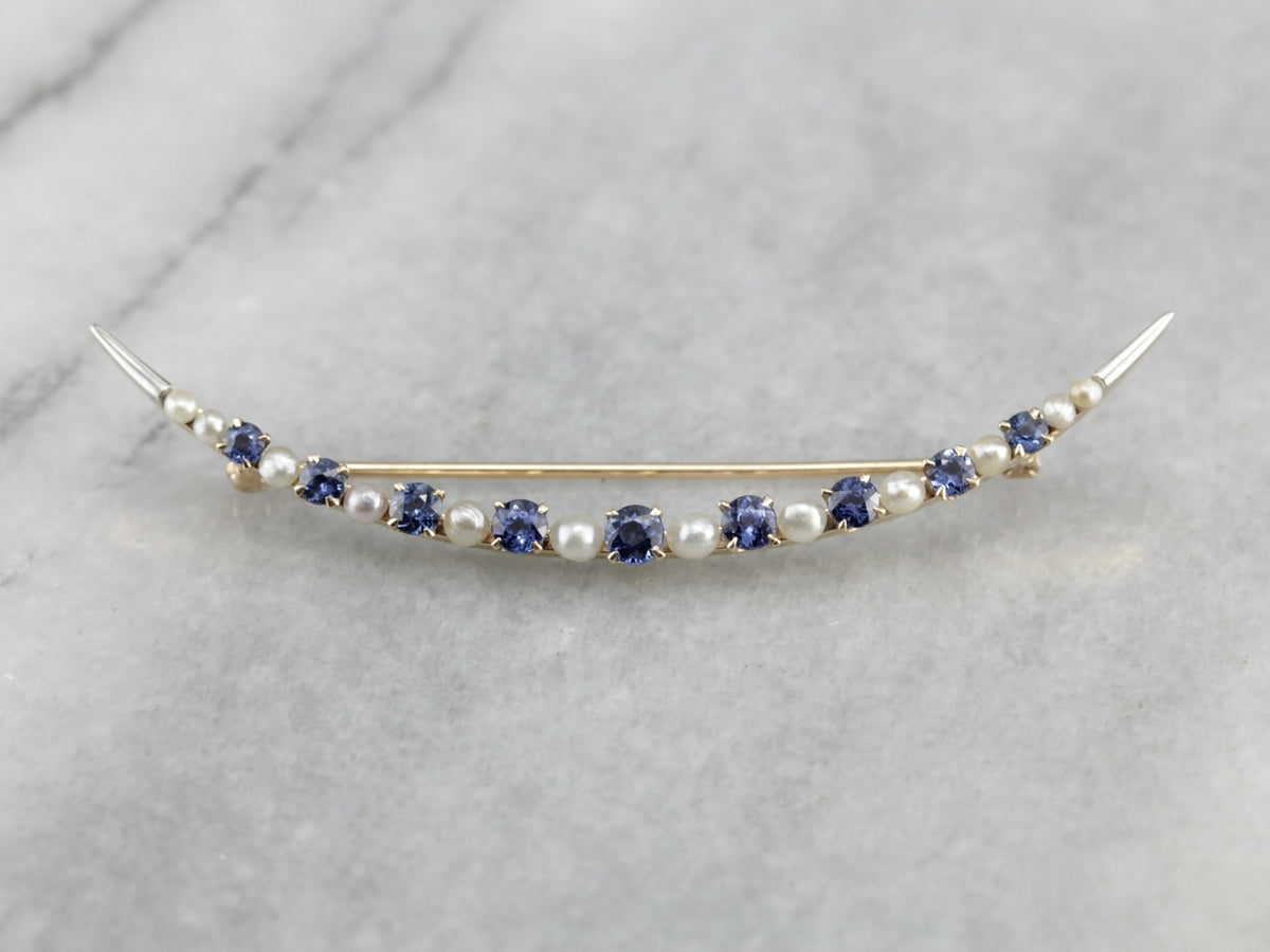 Vintage Sapphire and Pearl Crescent Moon Brooch