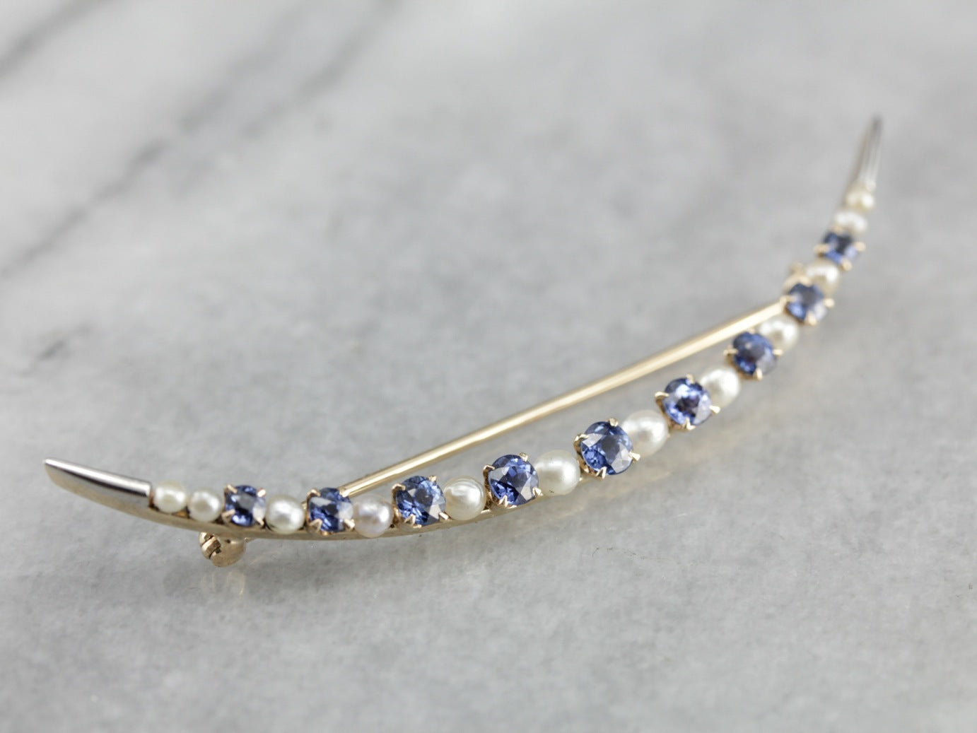 Vintage Sapphire and Pearl Crescent Moon Brooch