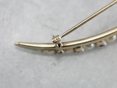 Vintage Sapphire and Pearl Crescent Moon Brooch