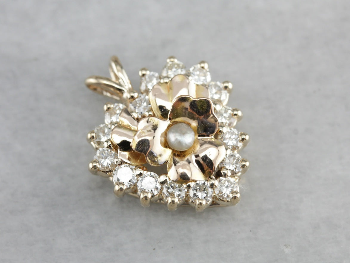 Floral Diamond and Pearl Heart Pendant