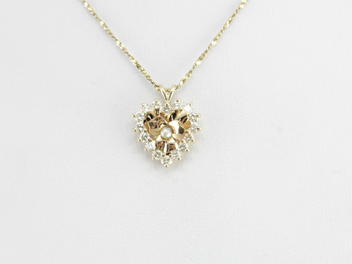 Floral Diamond and Pearl Heart Pendant