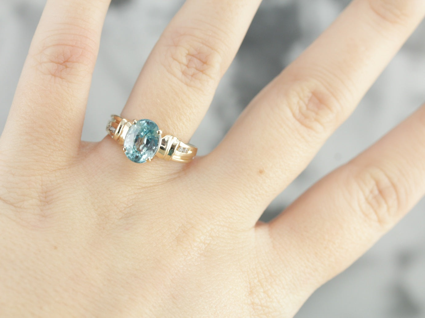 Blue Zircon and Diamond Ring