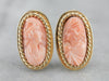 Gorgeous Carved Coral Cameo Earrings, Classic Yellow Gold Clip On Earrings