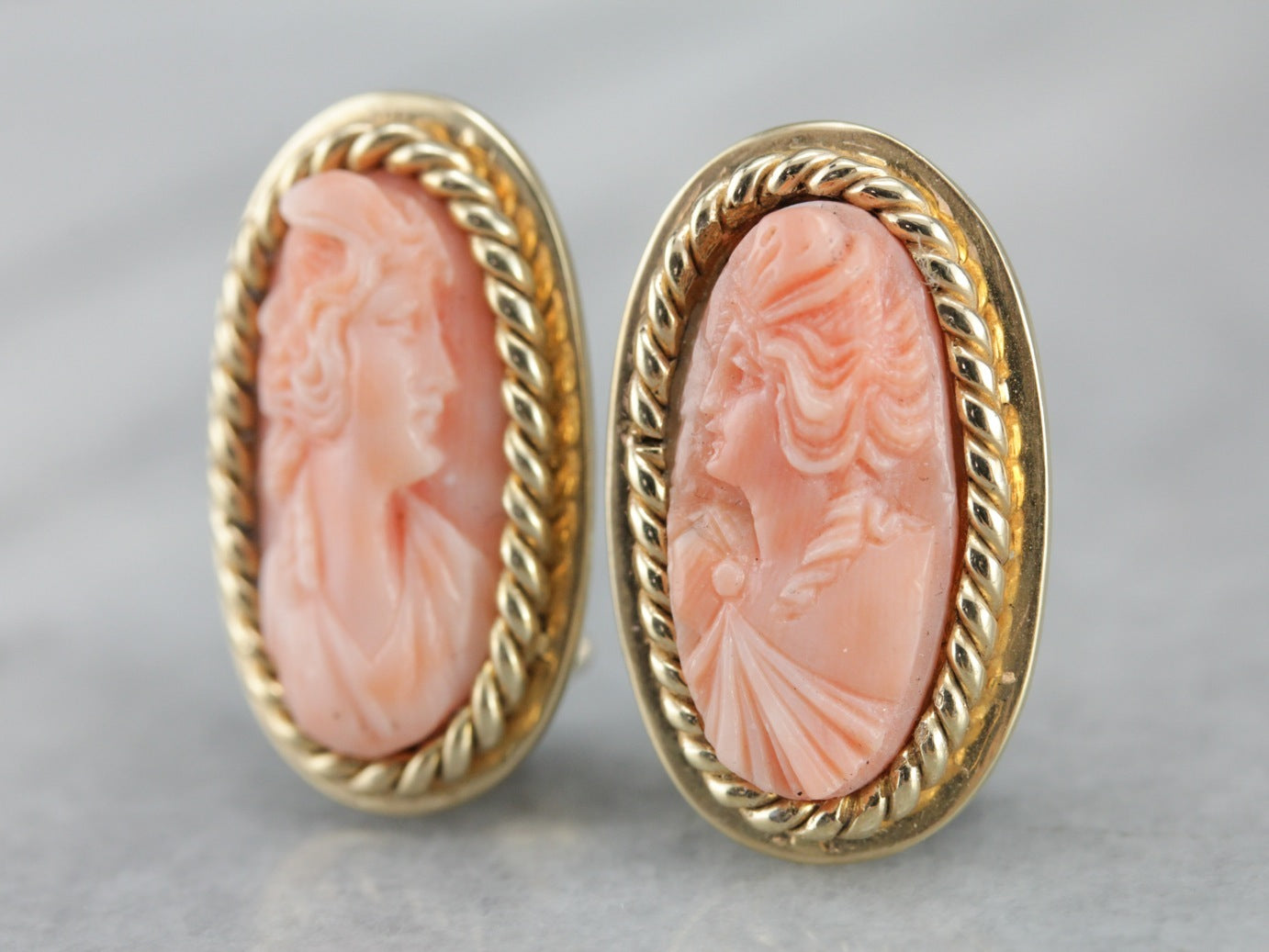 Gorgeous Carved Coral Cameo Earrings, Classic Yellow Gold Clip On Earrings