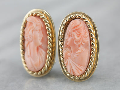 Gorgeous Carved Coral Cameo Earrings, Classic Yellow Gold Clip On Earrings