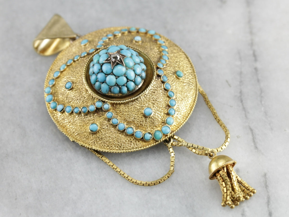 Victorian Etruscan Revival Turquoise Tassel Pendant Brooch