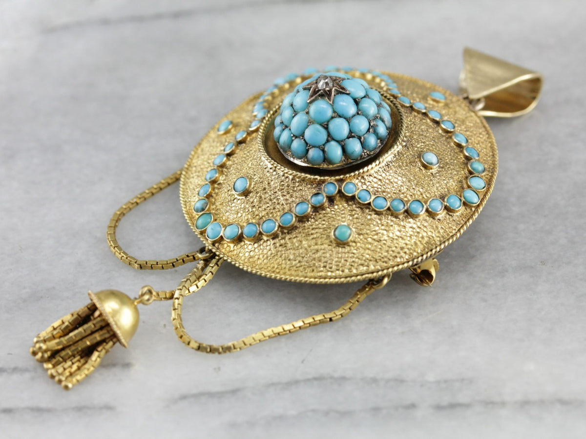 Victorian Etruscan Revival Turquoise Tassel Pendant Brooch
