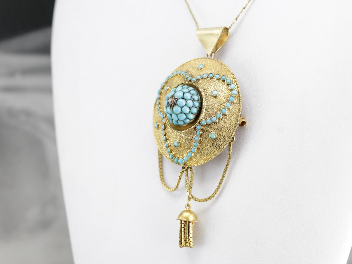 Victorian Etruscan Revival Turquoise Tassel Pendant Brooch