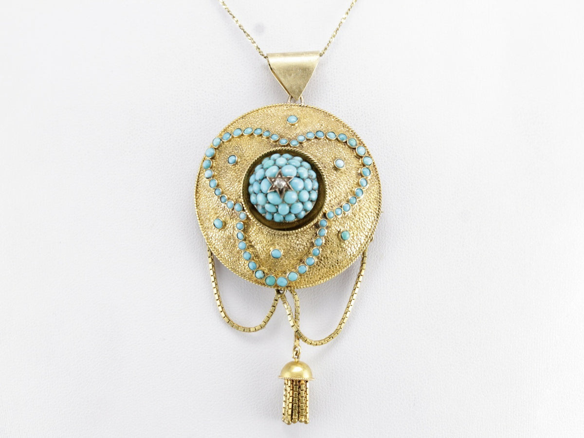 Victorian Etruscan Revival Turquoise Tassel Pendant Brooch