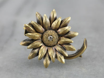 Art Nouveau Old Mine Cut Diamond Sunflower Pin