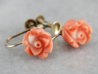 Vintage Carved Coral Rose Earrings