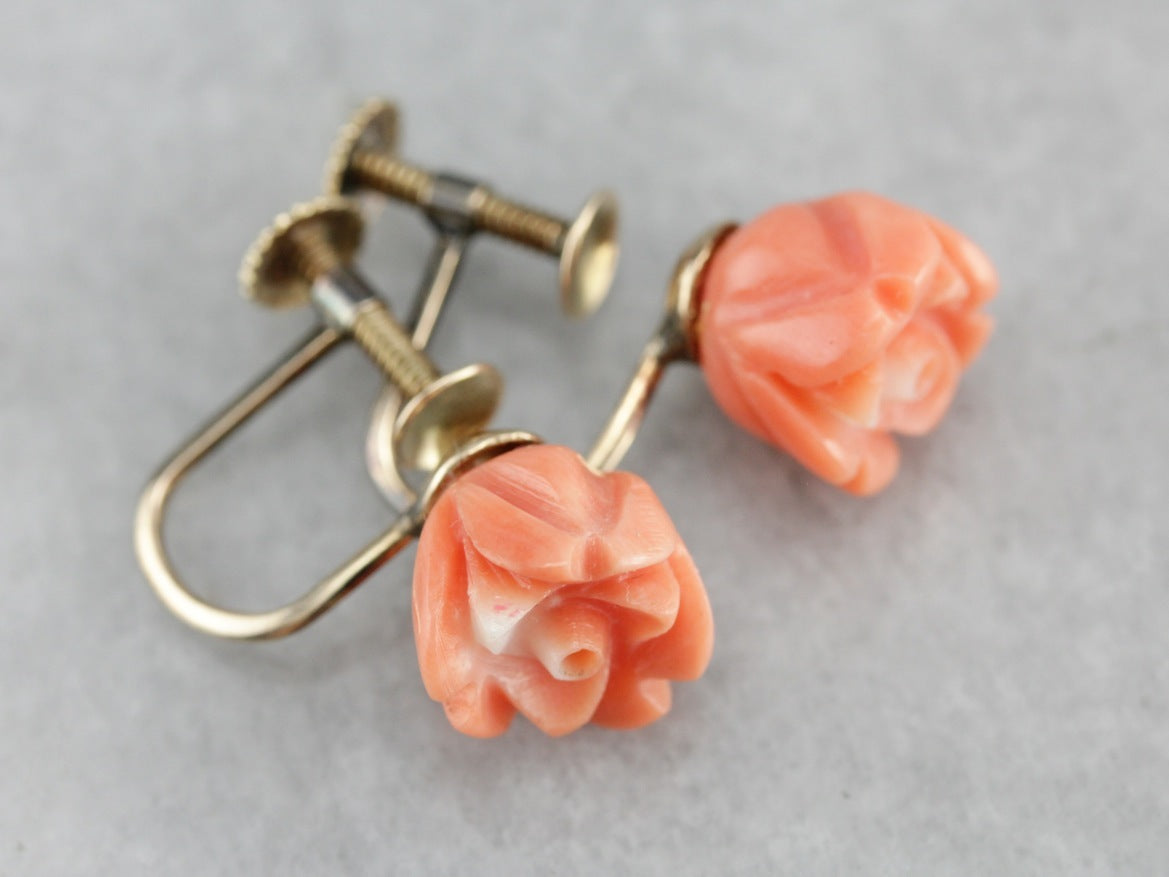 Vintage Carved Coral Rose Earrings