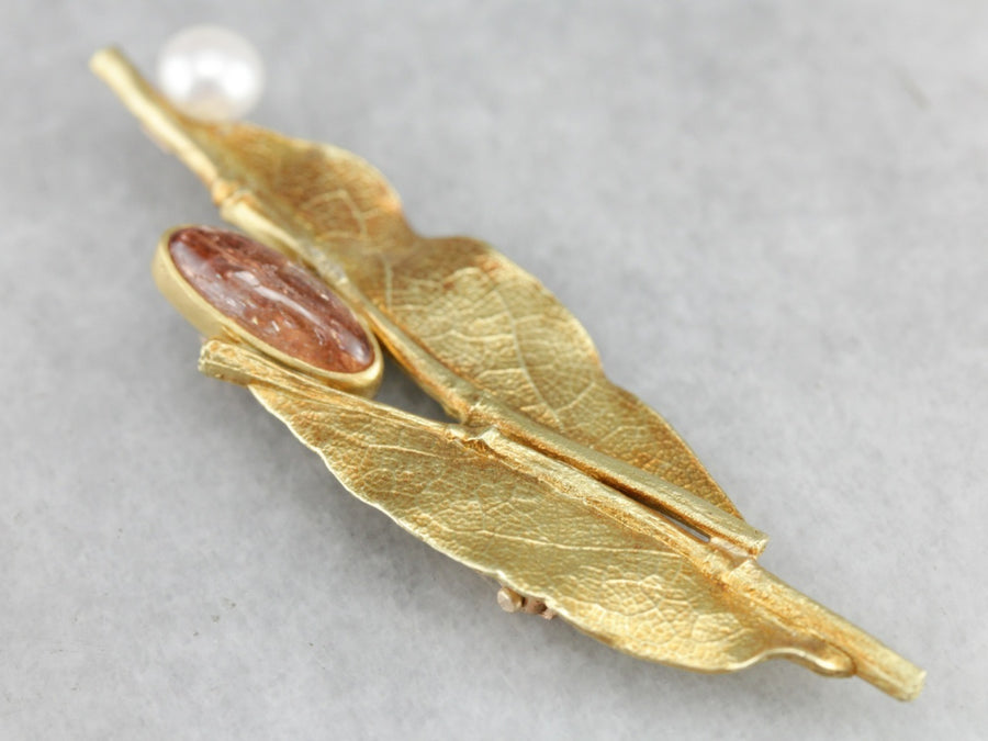 Ann Krupp Sunstone Leaf Gold Brooch
