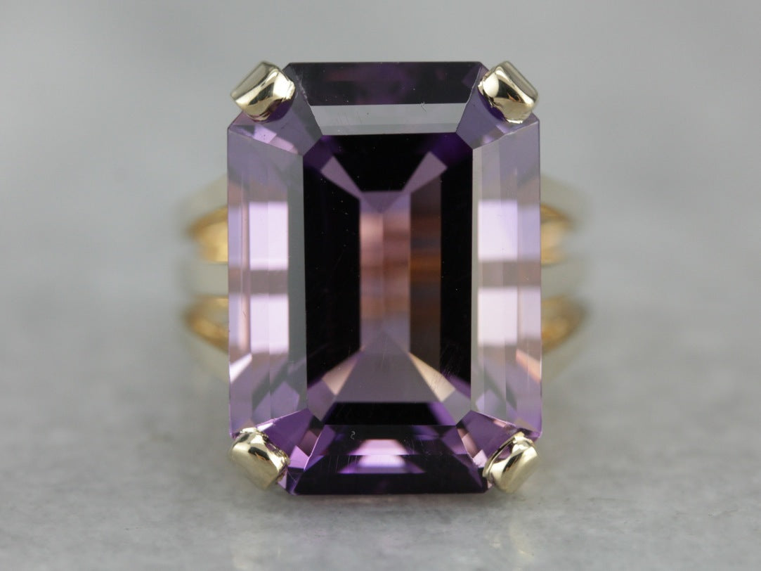 Rectangular Emerald Cut Amethyst Cocktail Ring in Yellow Gold