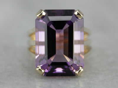 Rectangular Emerald Cut Amethyst Cocktail Ring in Yellow Gold