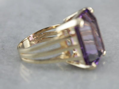 Rectangular Emerald Cut Amethyst Cocktail Ring in Yellow Gold