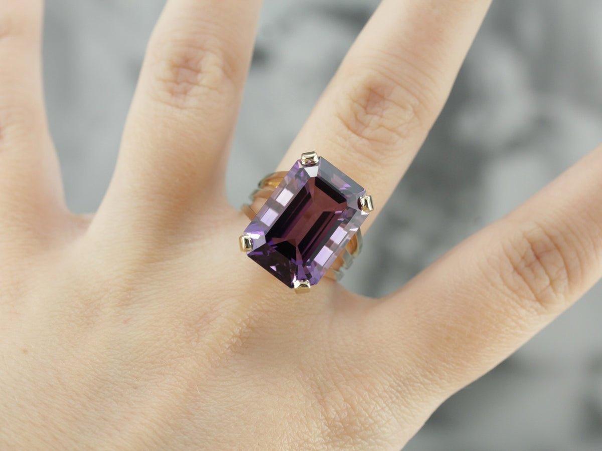 Rectangular Emerald Cut Amethyst Cocktail Ring in Yellow Gold