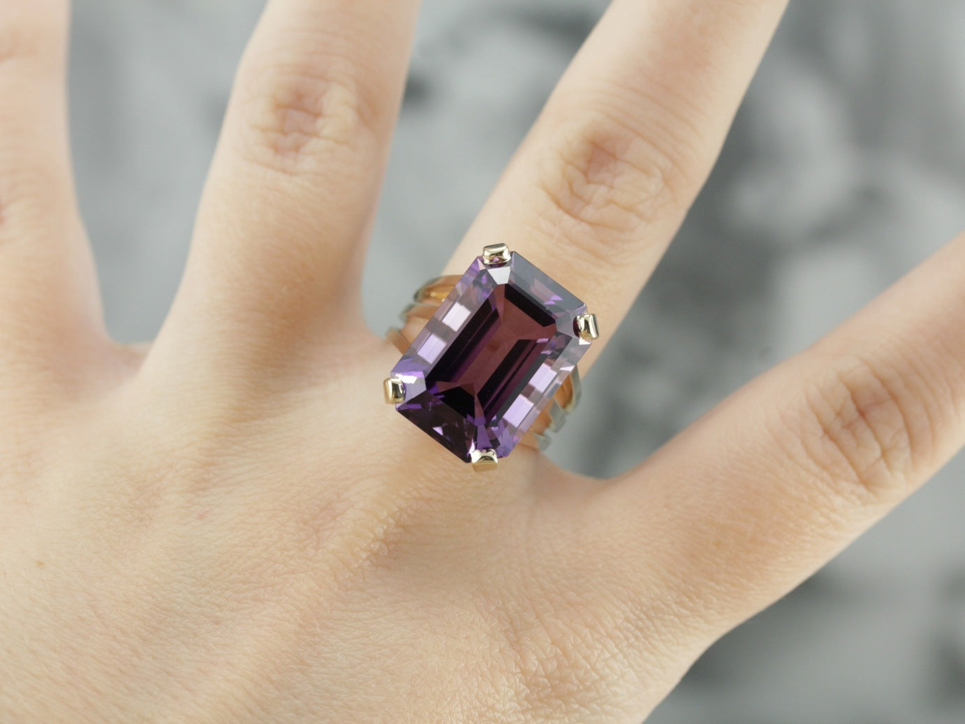 Rectangular Emerald Cut Amethyst Cocktail Ring in Yellow Gold