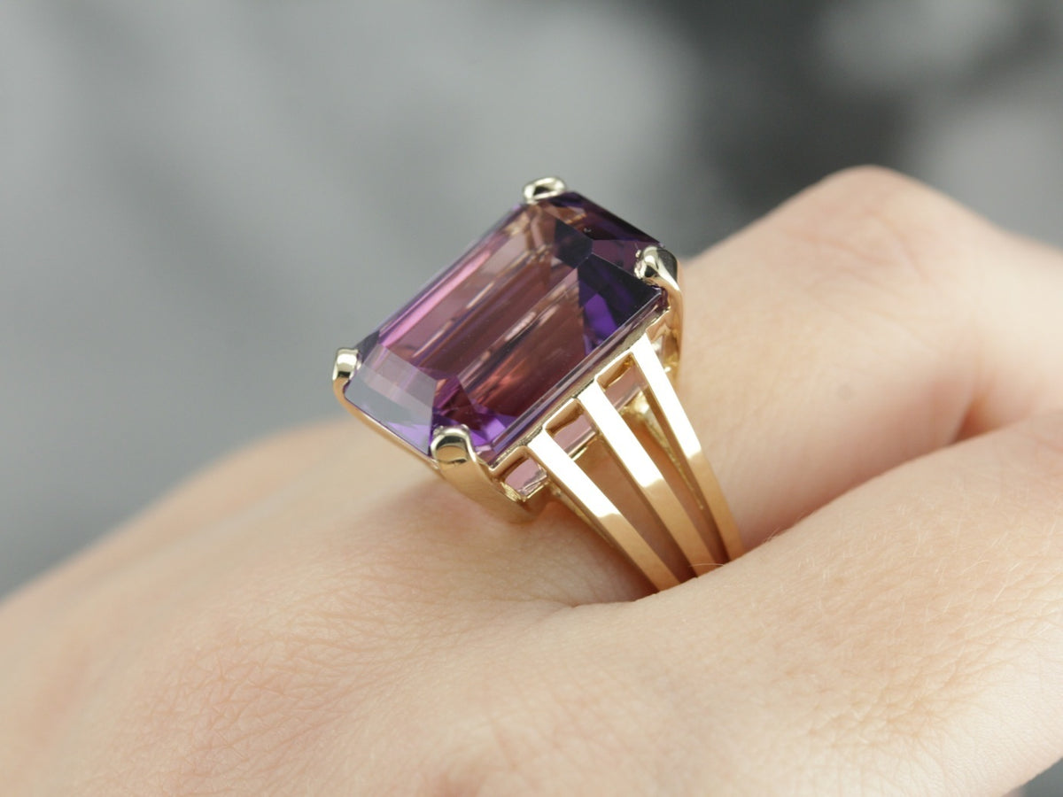 Rectangular Emerald Cut Amethyst Cocktail Ring in Yellow Gold