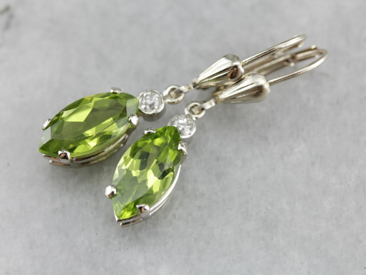 Old Mine Cut Diamond and Peridot Drop Earrings