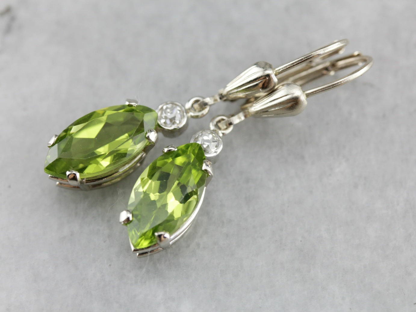 Old Mine Cut Diamond and Peridot Drop Earrings