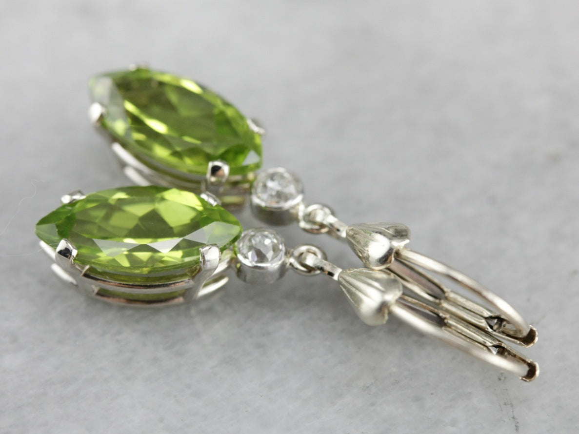 Old Mine Cut Diamond and Peridot Drop Earrings