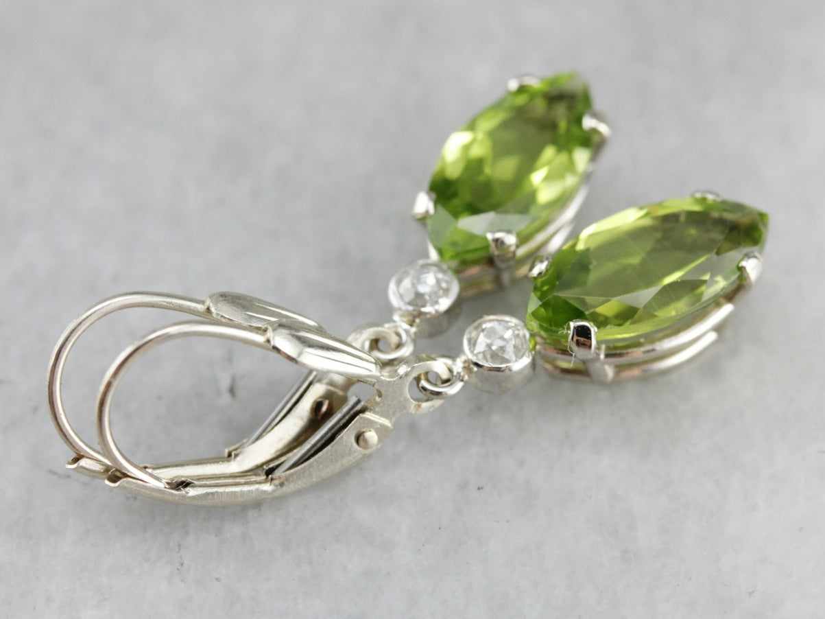 Old Mine Cut Diamond and Peridot Drop Earrings