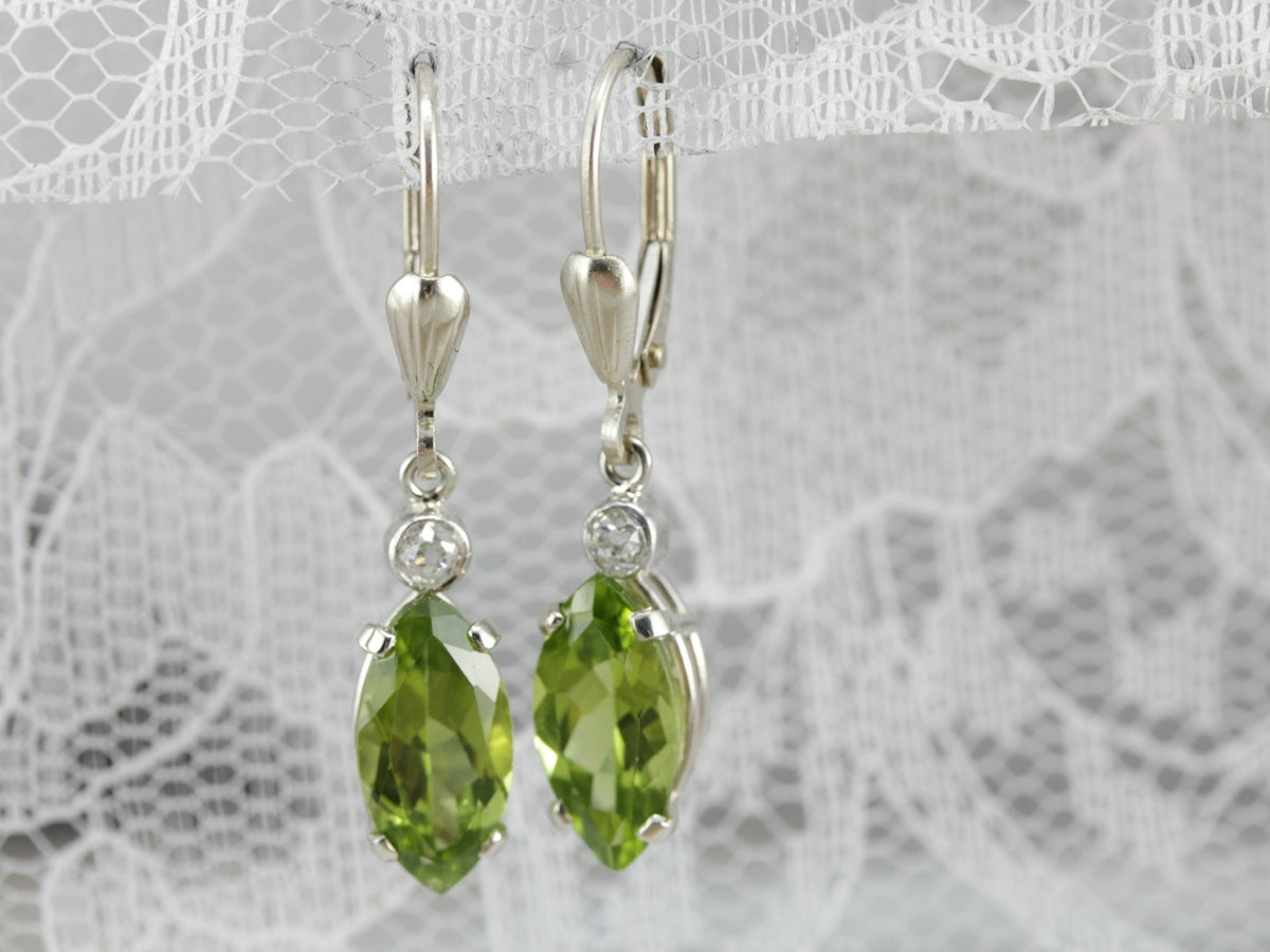 Old Mine Cut Diamond and Peridot Drop Earrings