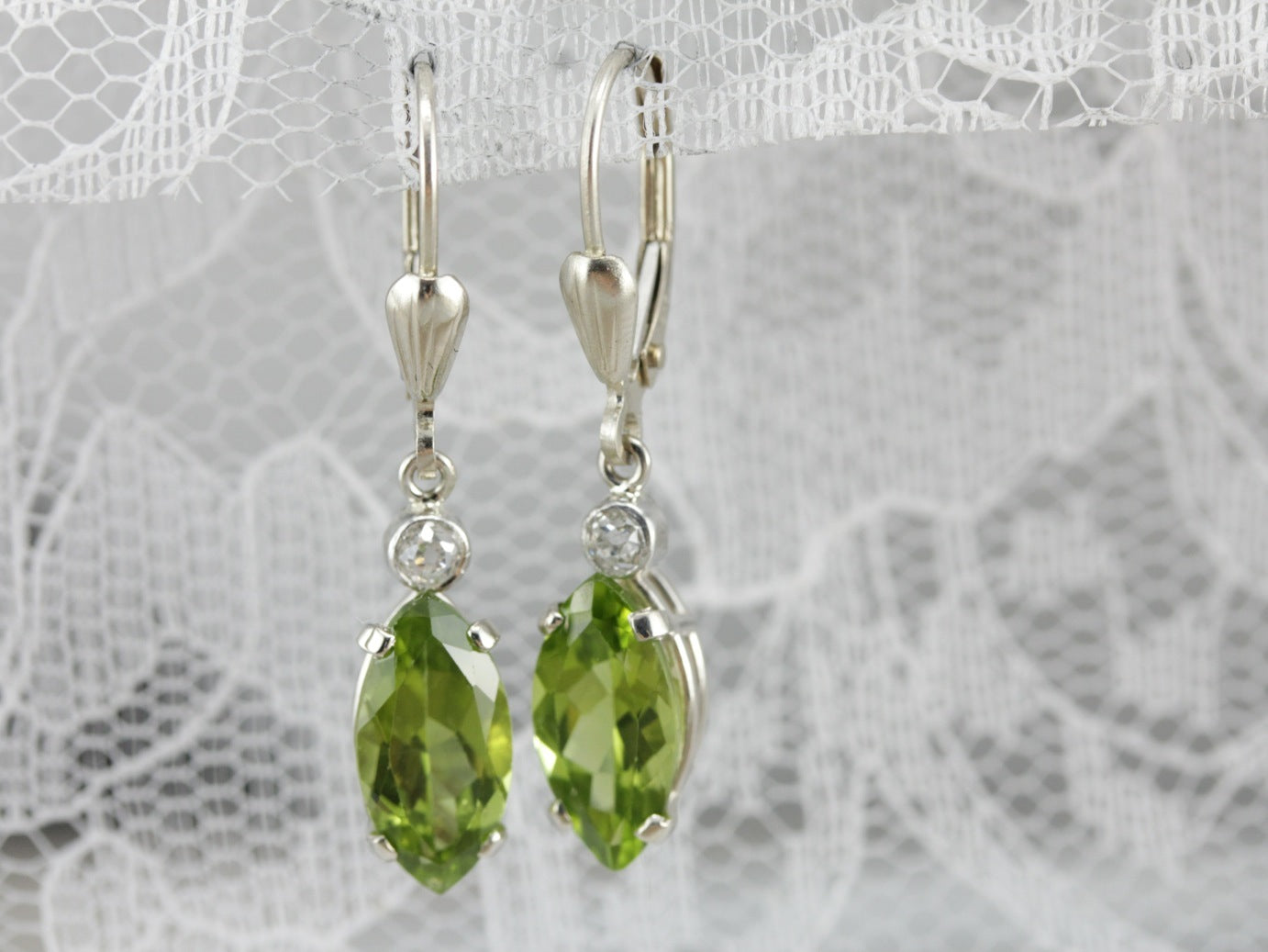 Old Mine Cut Diamond and Peridot Drop Earrings