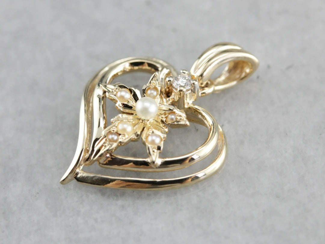 Seed Pearl and Diamond Gold Heart Pendant