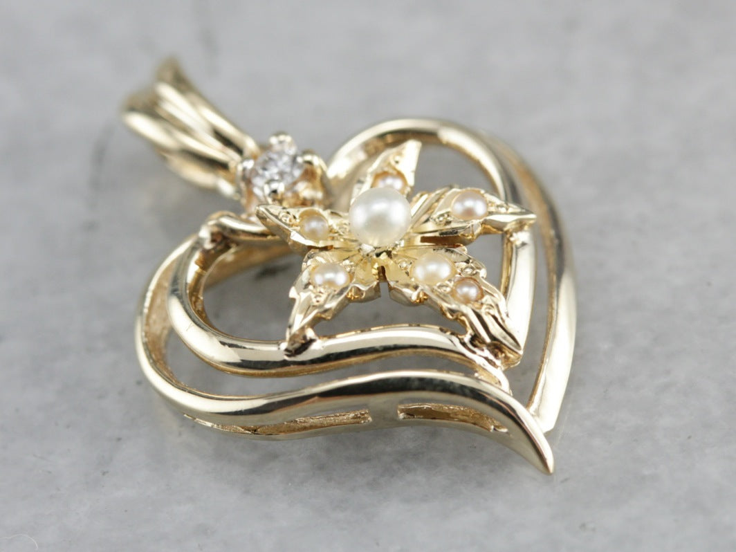 Seed Pearl and Diamond Gold Heart Pendant