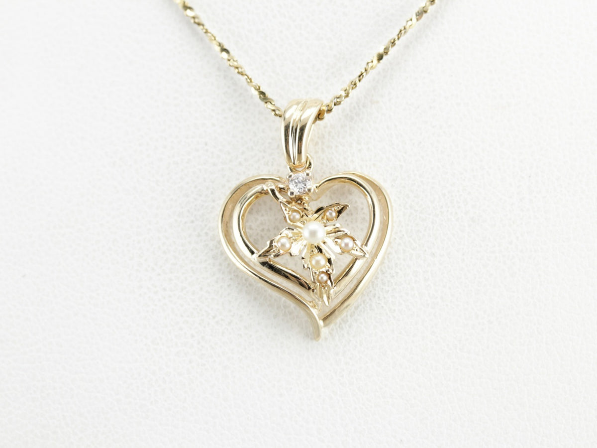 Seed Pearl and Diamond Gold Heart Pendant