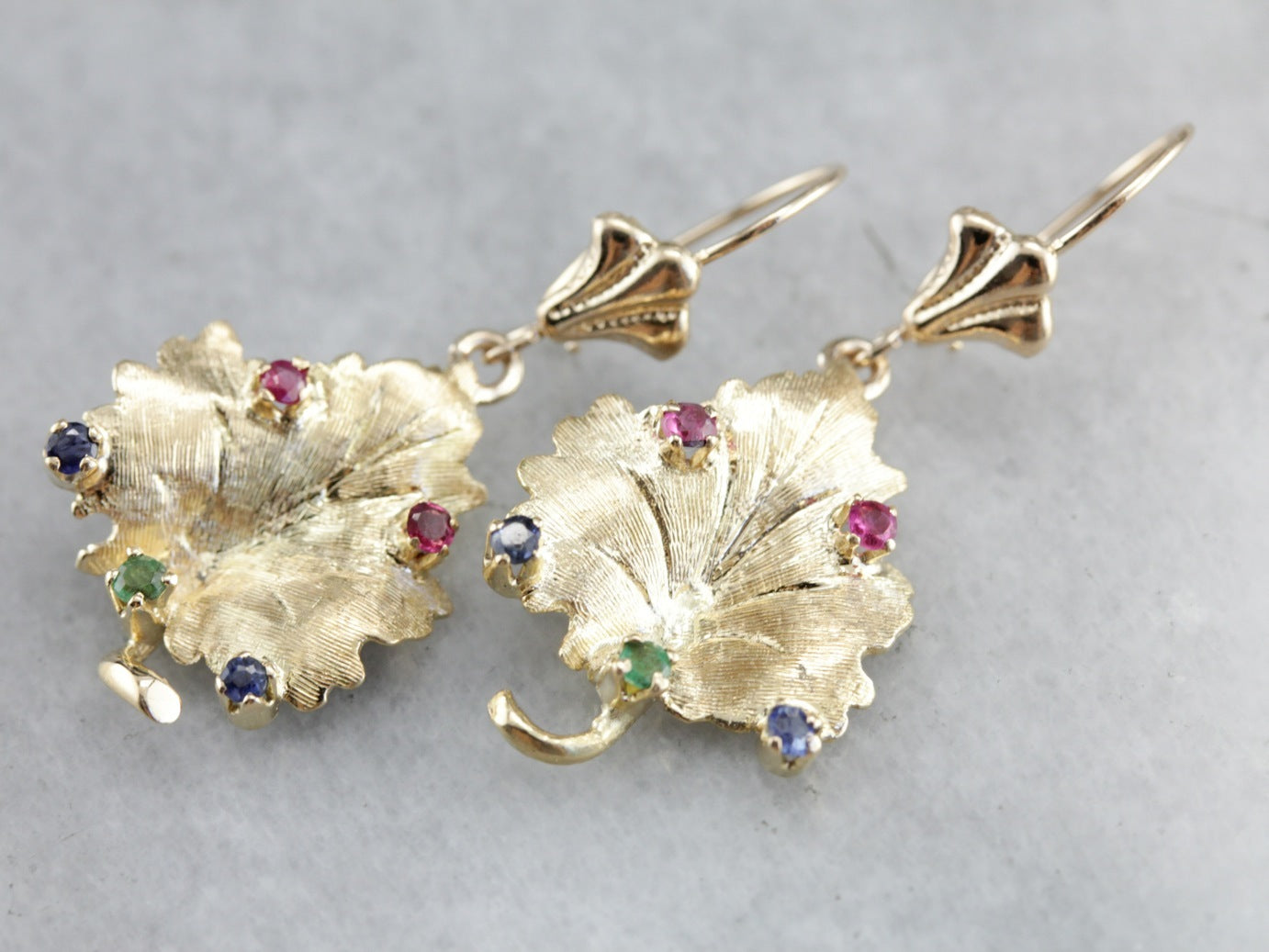 Sapphire, Ruby, and Emerald Leaf Gold Drop Earrings