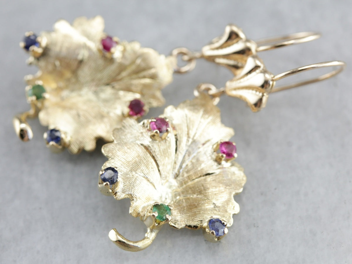Sapphire, Ruby, and Emerald Leaf Gold Drop Earrings