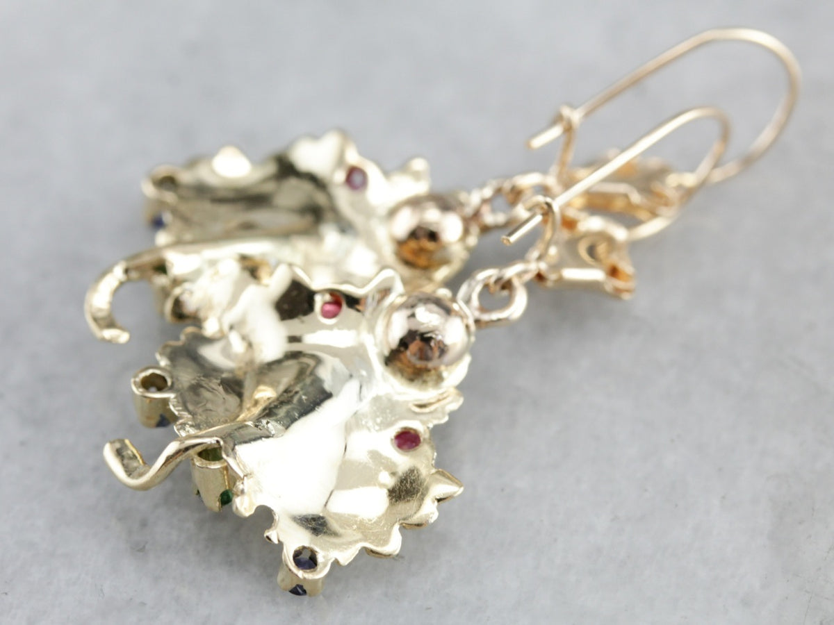 Sapphire, Ruby, and Emerald Leaf Gold Drop Earrings
