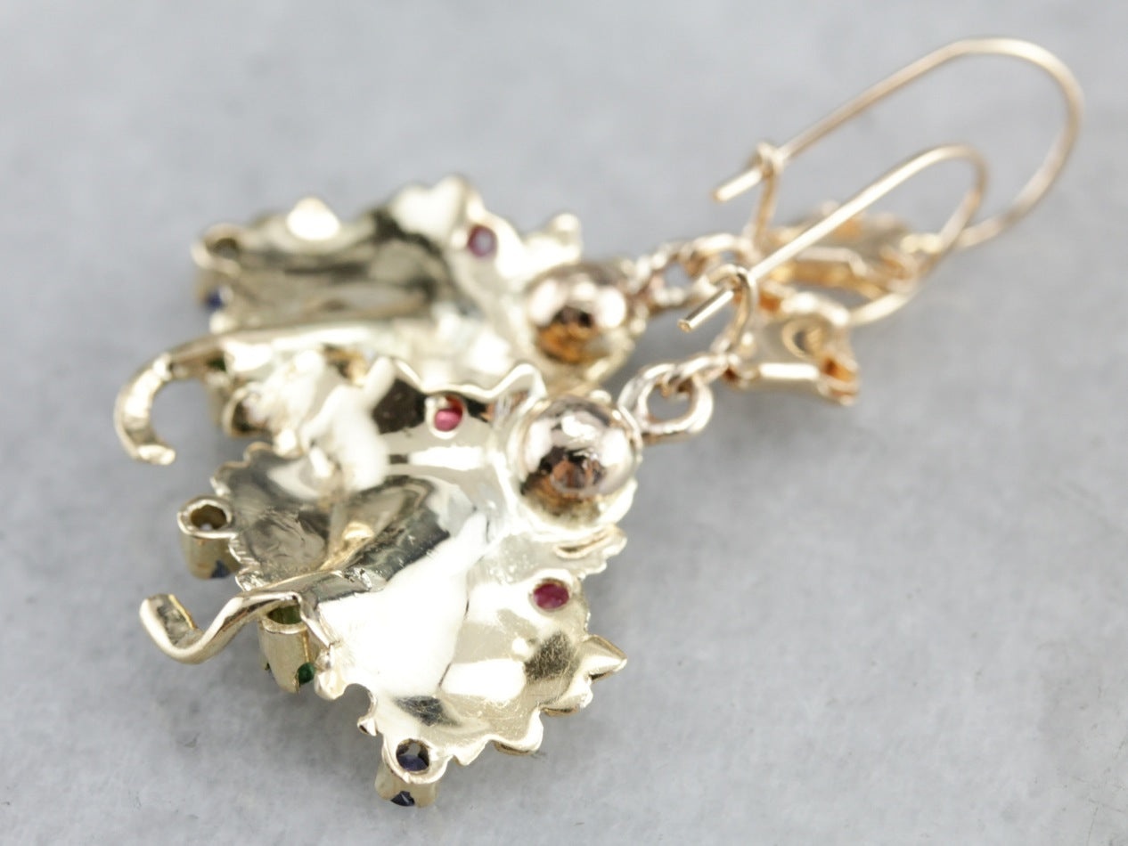 Sapphire, Ruby, and Emerald Leaf Gold Drop Earrings