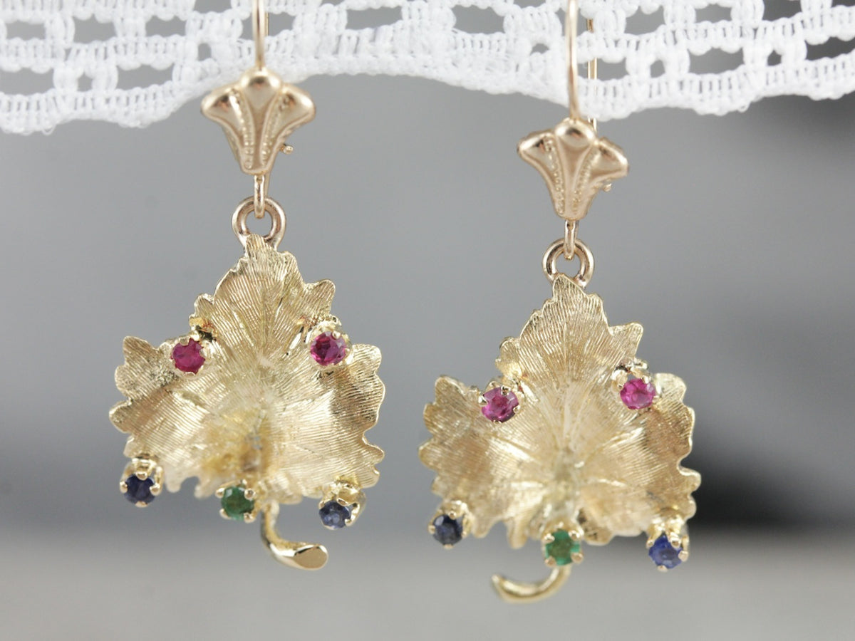 Sapphire, Ruby, and Emerald Leaf Gold Drop Earrings