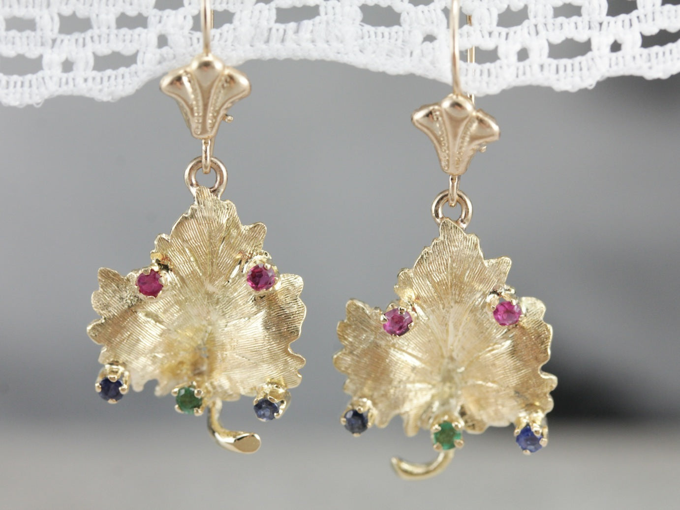 Sapphire, Ruby, and Emerald Leaf Gold Drop Earrings