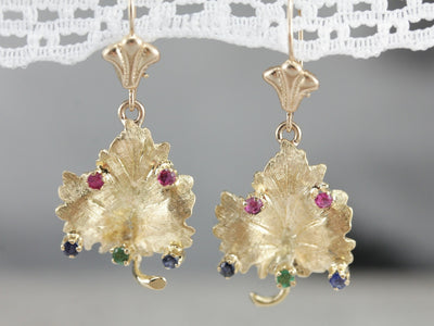 Sapphire and Ruby Leaf Gold Drop Earrings
