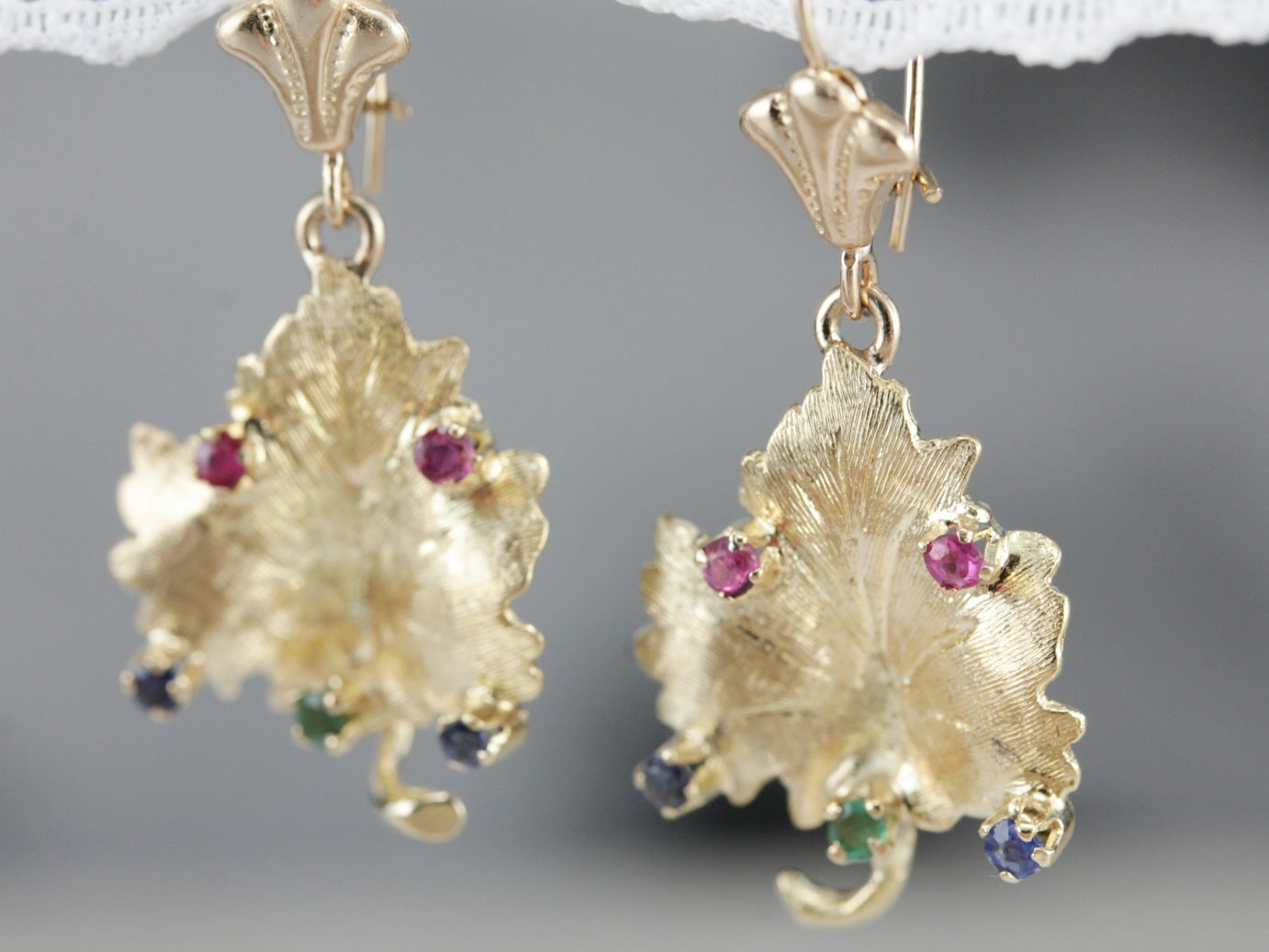 Sapphire, Ruby, and Emerald Leaf Gold Drop Earrings