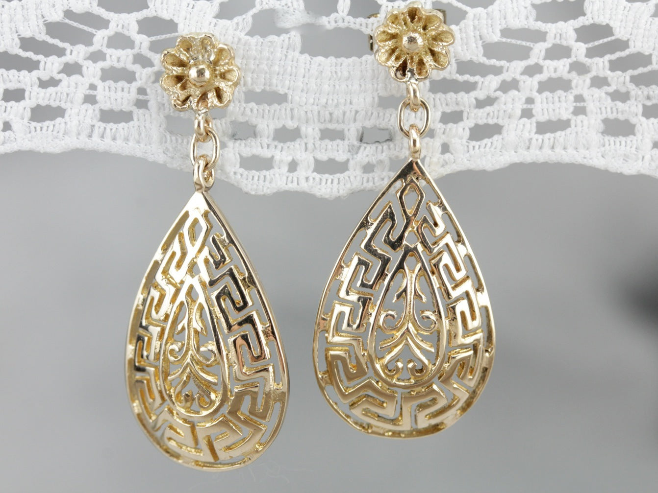 Greek Key Pattern Drop Earrings