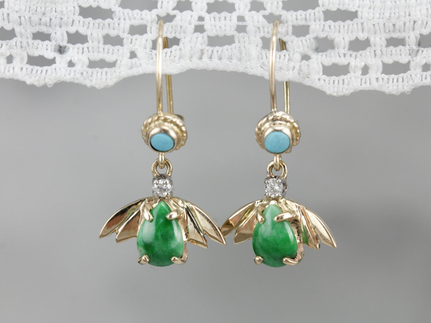 Vintage Jade Diamond and Turquoise Drop Earrings