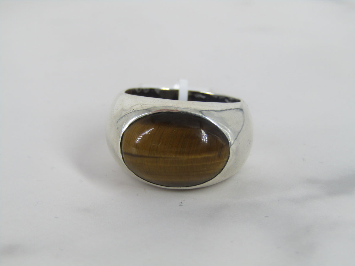 Wide Silver Band Ring With Tiger's Eye Center