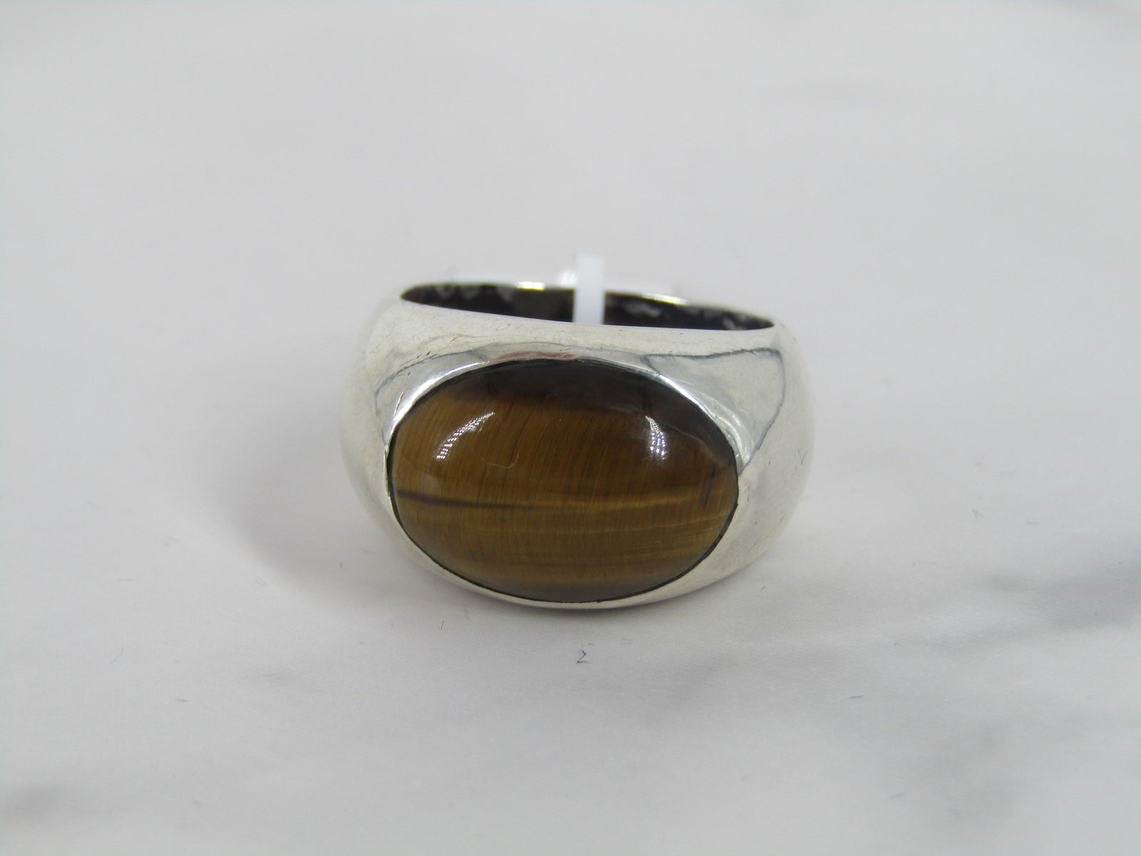 Wide Silver Band Ring With Tiger's Eye Center