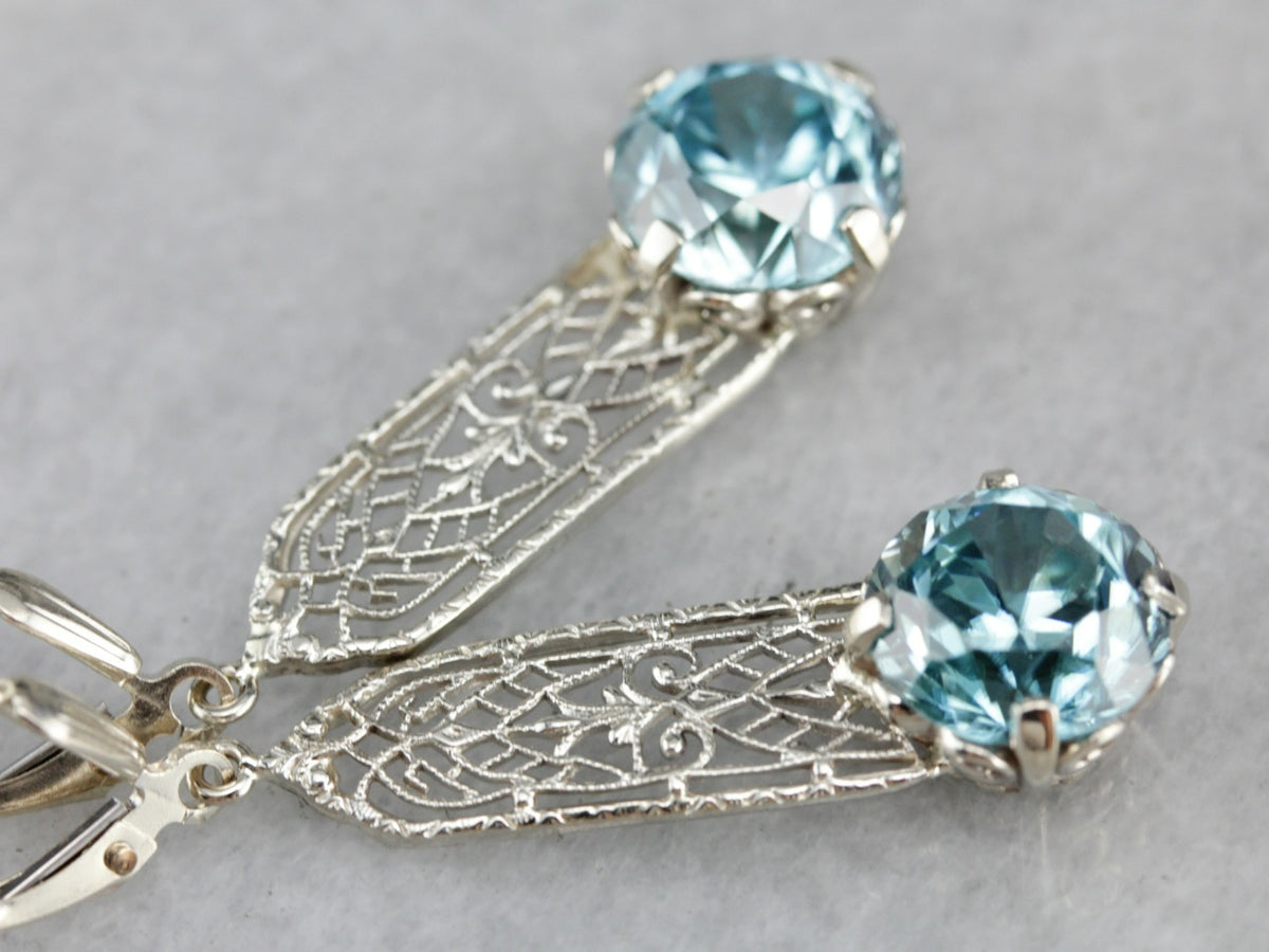 Blue Zircon Filigree Drop Earrings in White Gold with Leverbacks