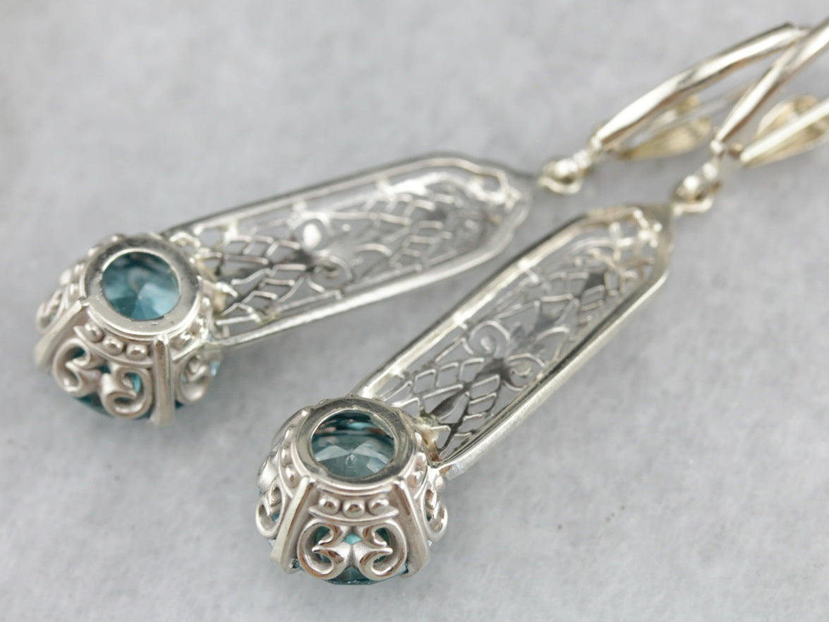 Blue Zircon Filigree Drop Earrings in White Gold with Leverbacks