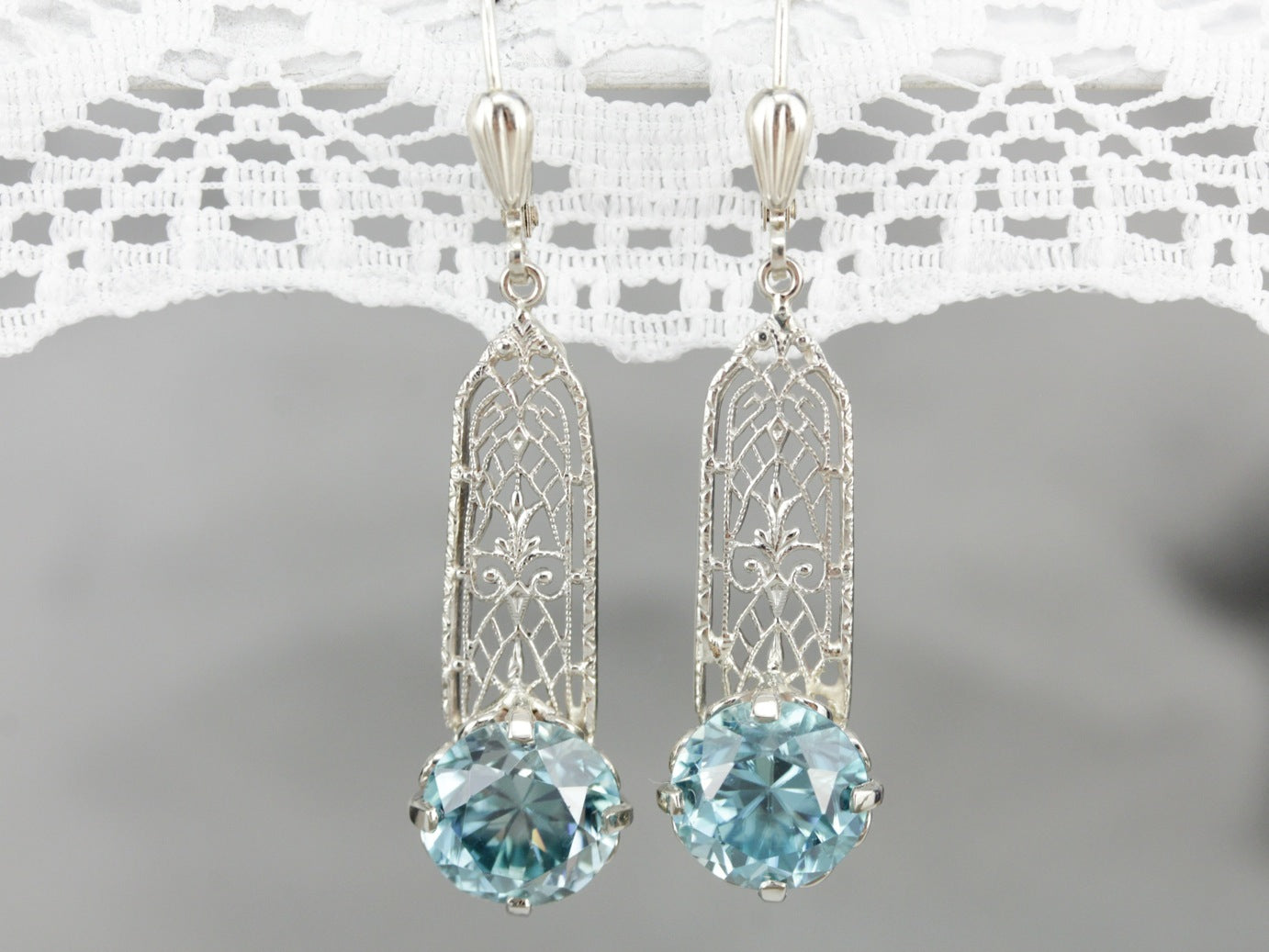 Blue Zircon Filigree Drop Earrings in White Gold with Leverbacks